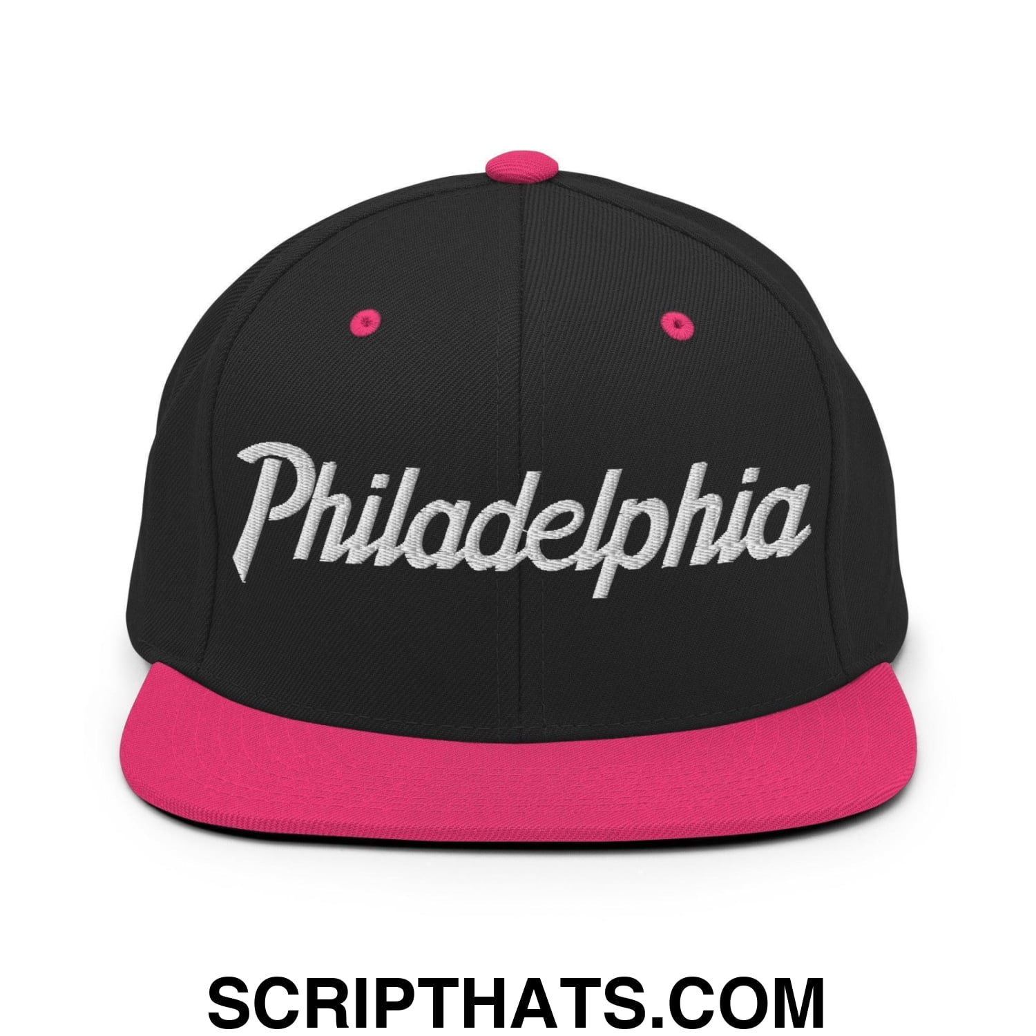 Philadelphia Script Snapback Hat Black Neon Pink