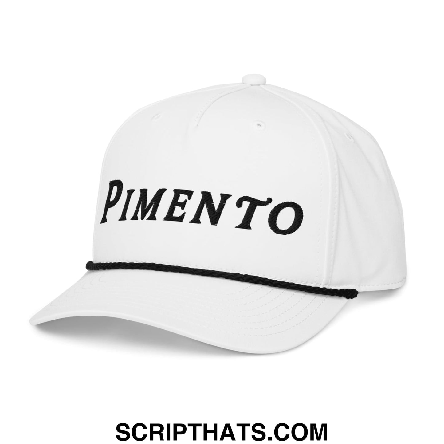 White pimento embroidered golf rope hat with black stitched brim and embroidered lettering on the front
