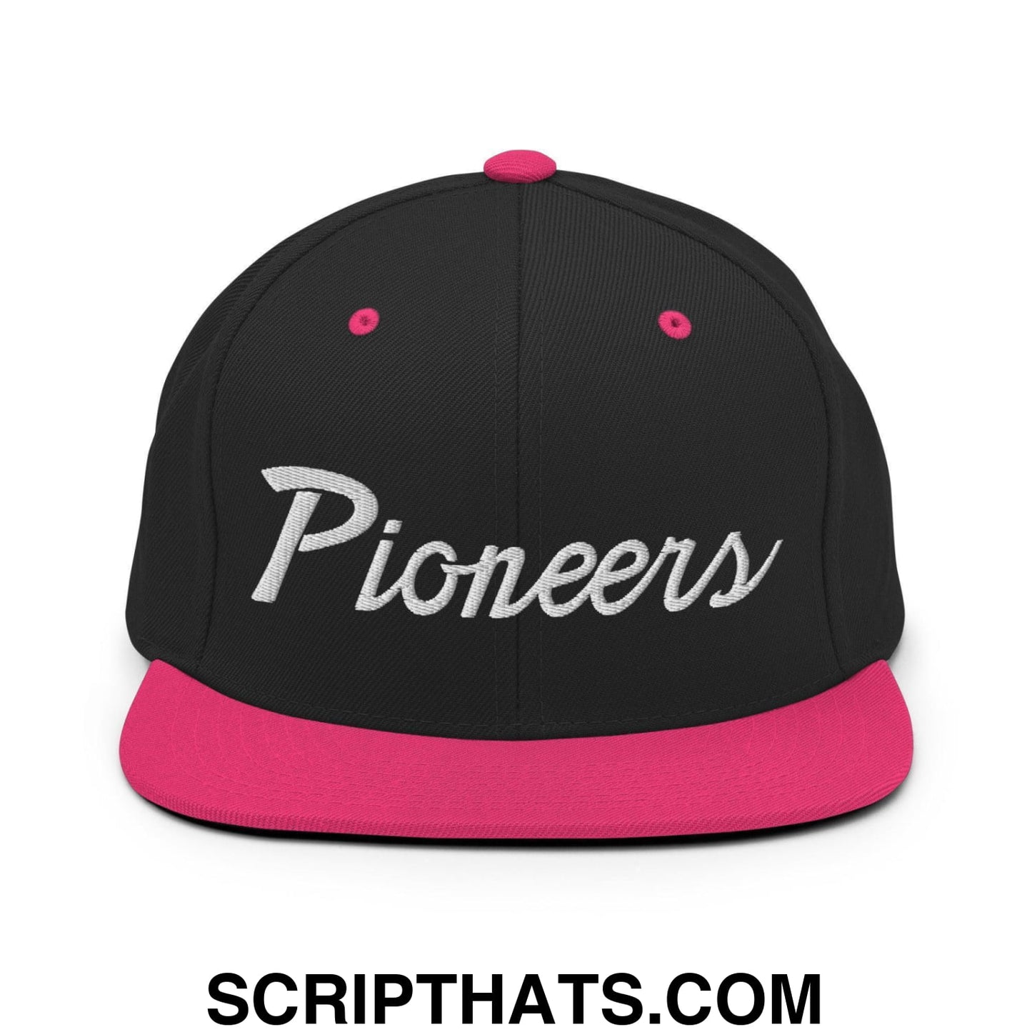 Pioneers School Mascot Script Snapback Hat Black Neon Pink
