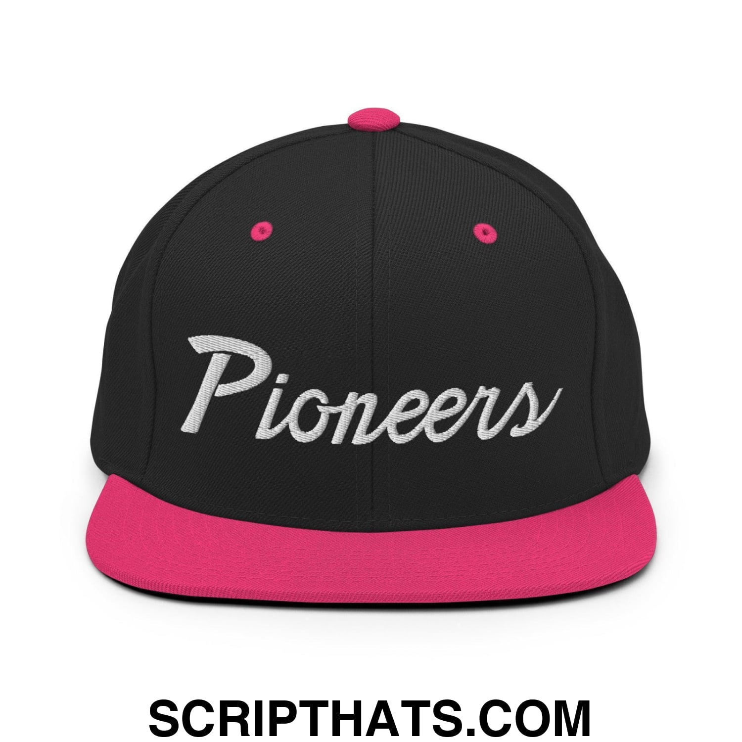 Pioneers School Mascot Script Snapback Hat Black Neon Pink