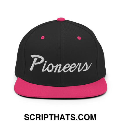 Pioneers School Mascot Script Snapback Hat Black Neon Pink