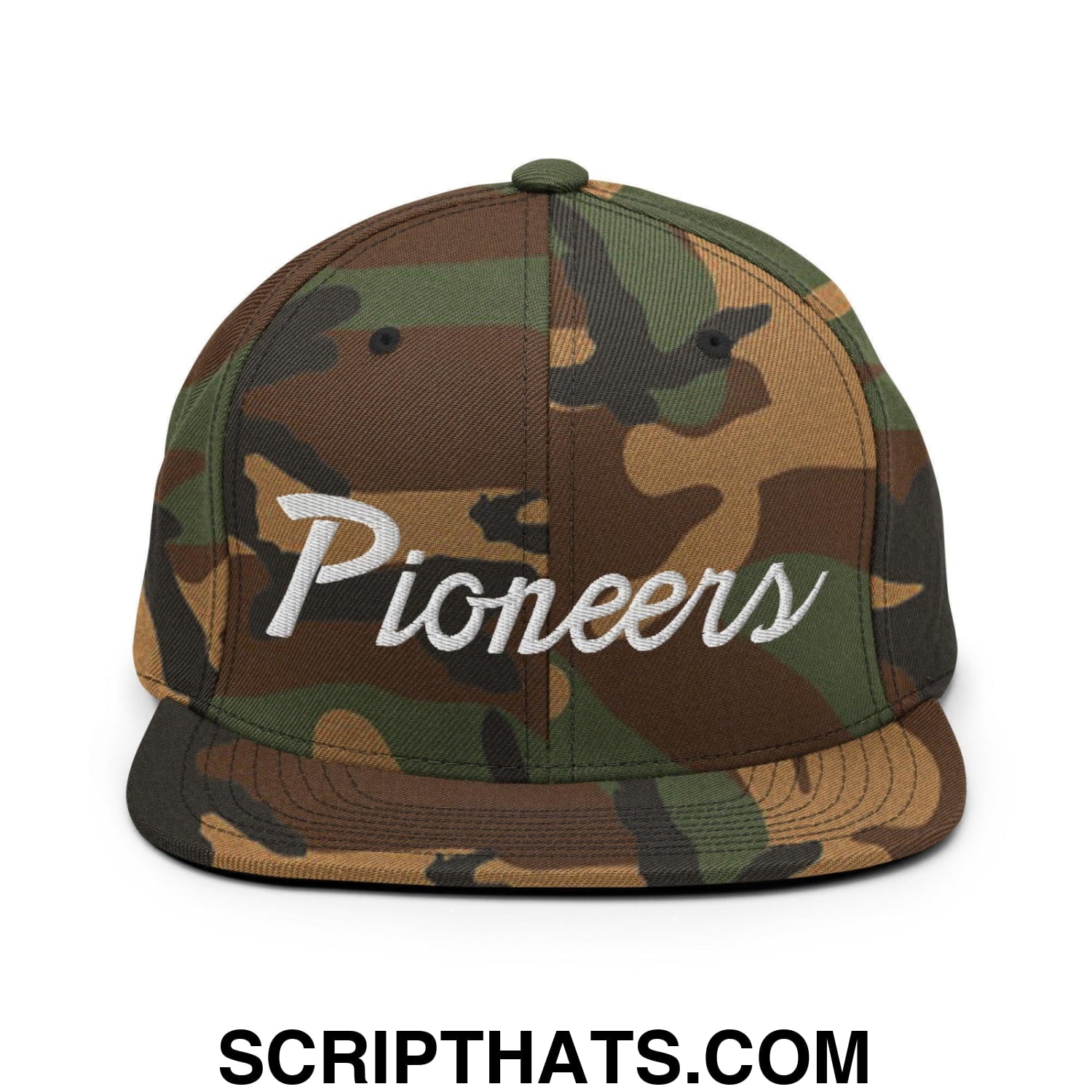 Pioneers School Mascot Script Snapback Hat Green Camo