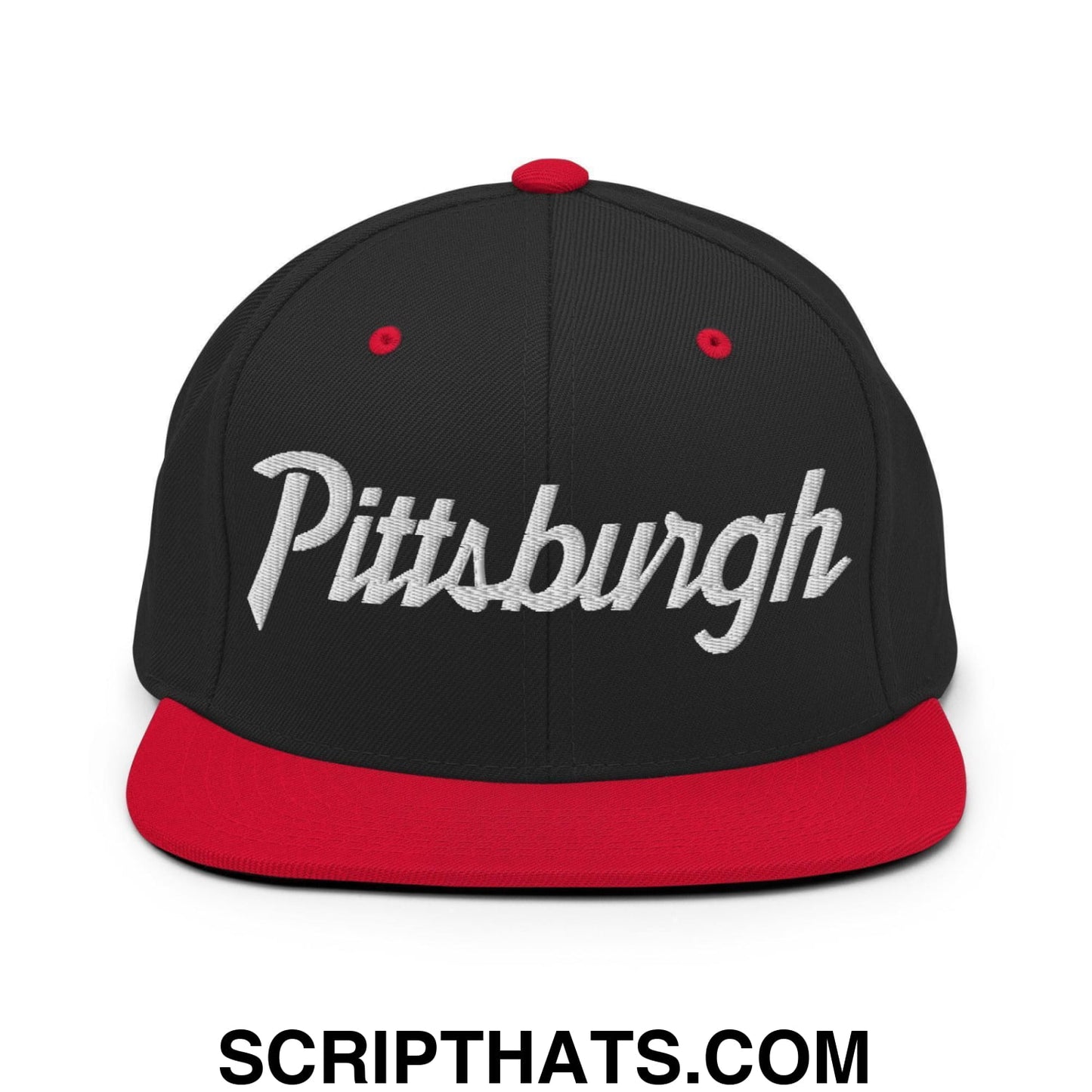 Pittsburgh Script Snapback Hat Black Red