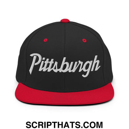 Pittsburgh Script Snapback Hat Black Red