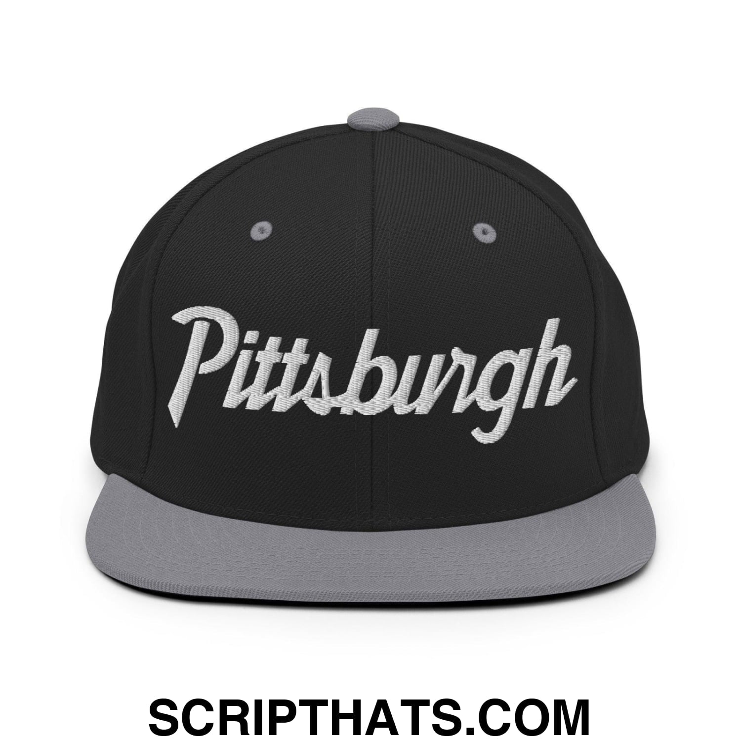 Pittsburgh Script Snapback Hat Black Silver