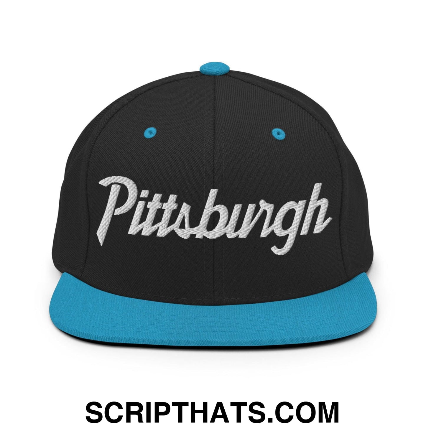 Pittsburgh Script Snapback Hat Black Teal