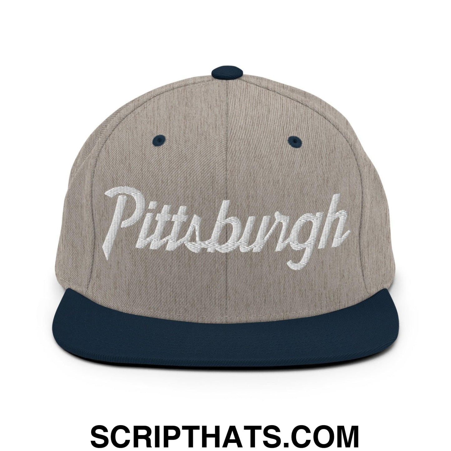 Pittsburgh Script Snapback Hat Heather Grey Navy