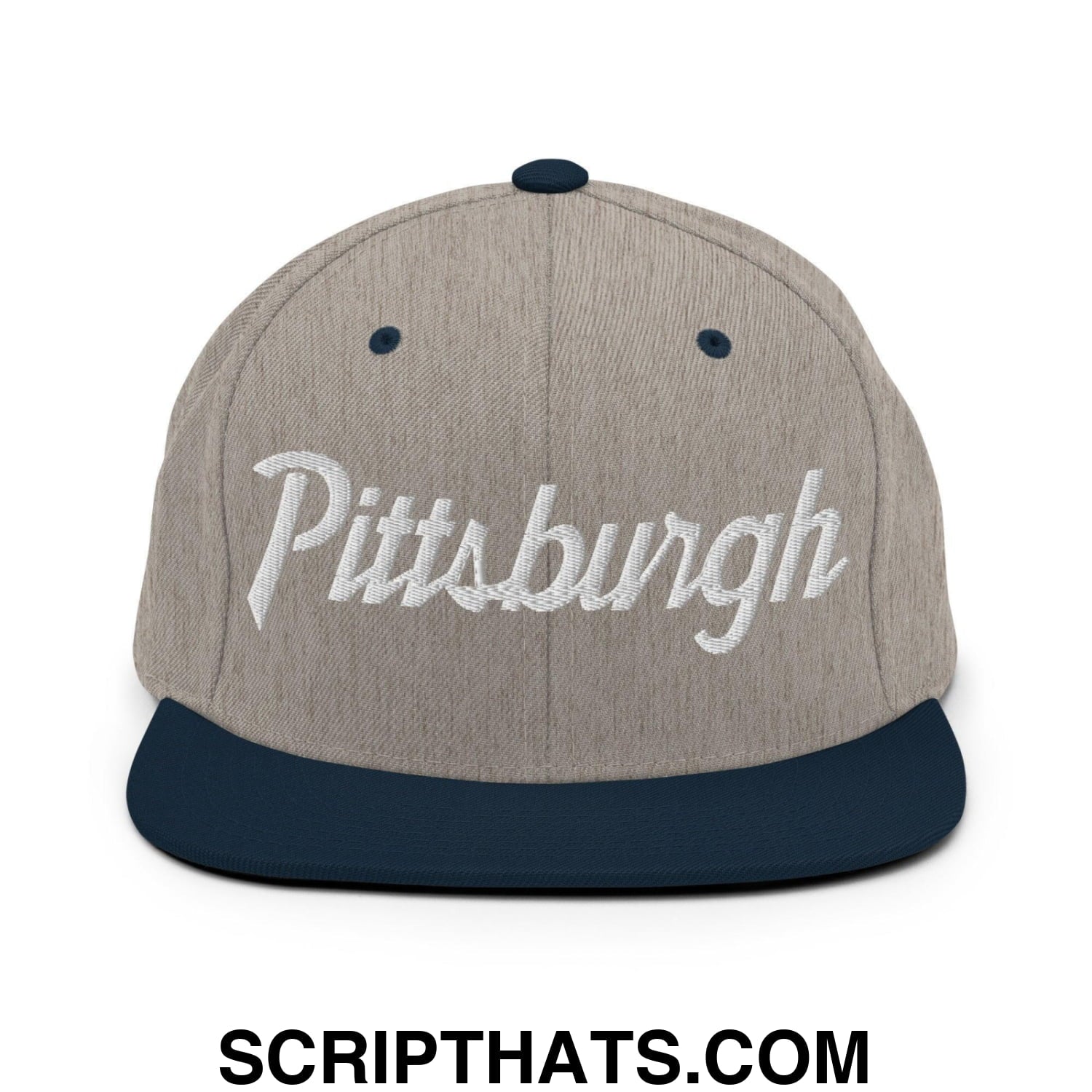 Pittsburgh Script Snapback Hat Heather Grey Navy