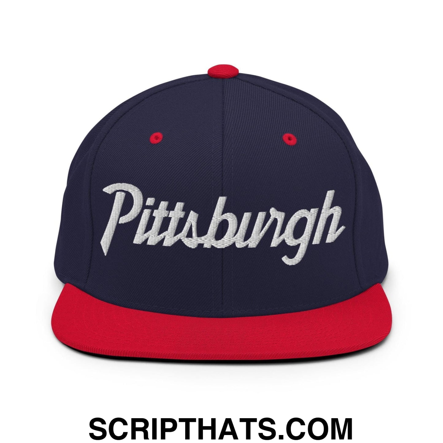 Pittsburgh Script Snapback Hat Navy Red