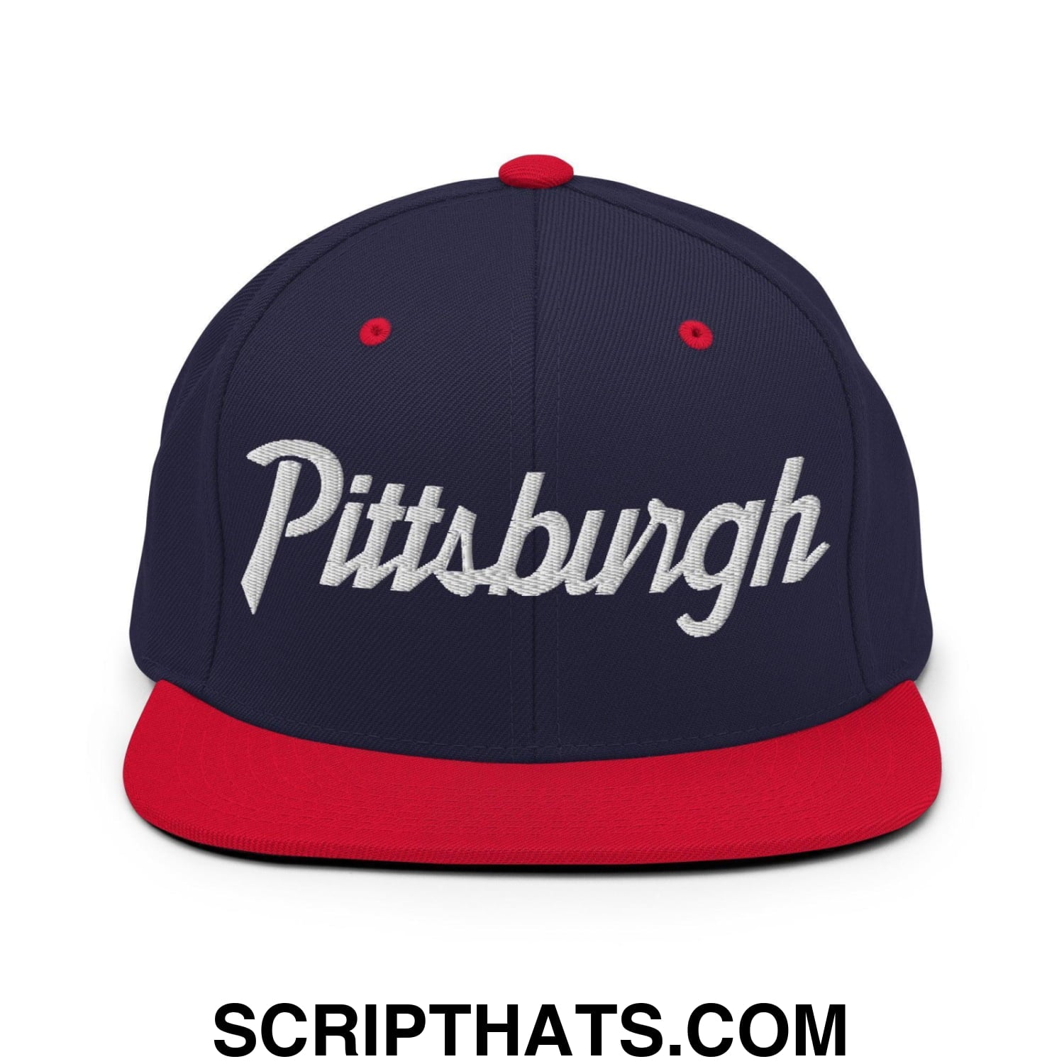 Pittsburgh Script Snapback Hat Navy Red