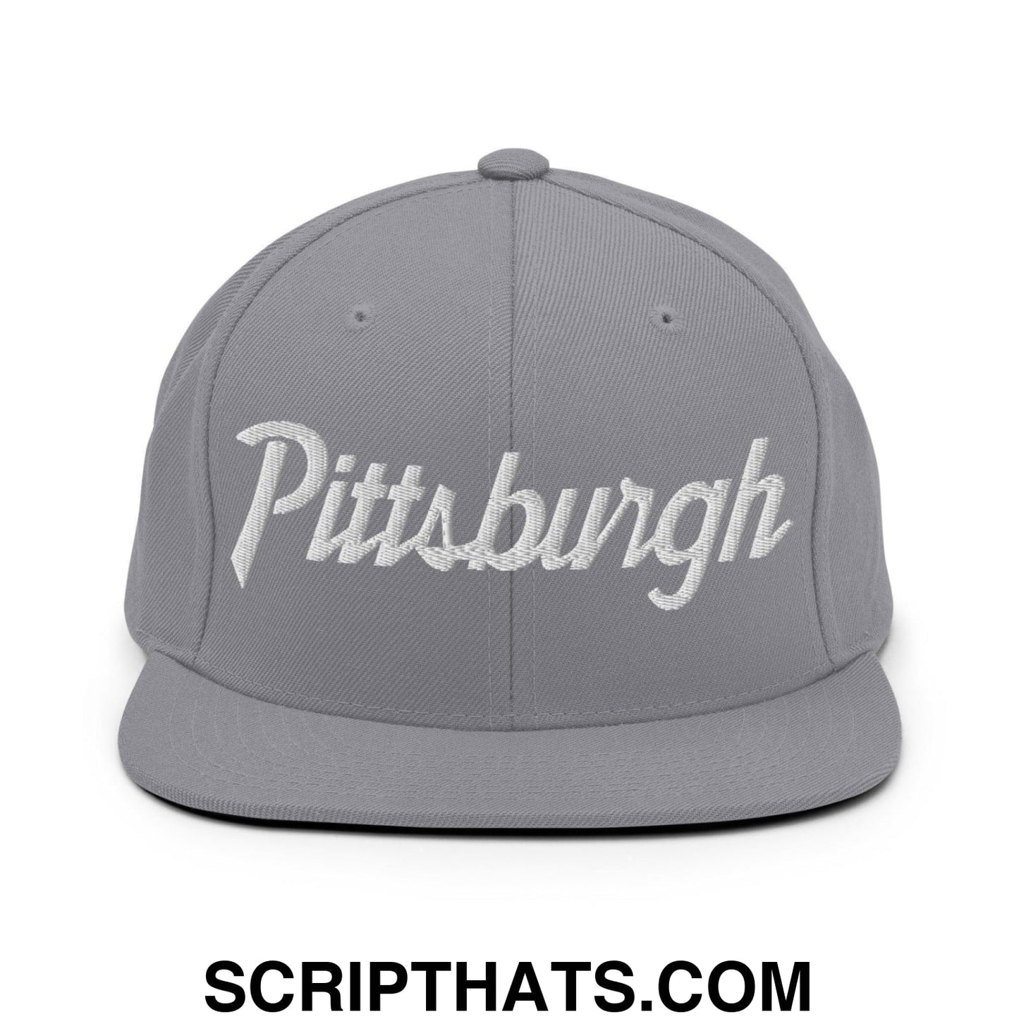 Pittsburgh Script Snapback Hat Silver