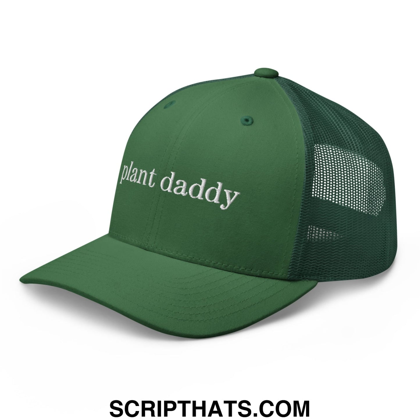 Dark green mesh trucker hat with white embroidered plant daddy text on front panel for casual wear
