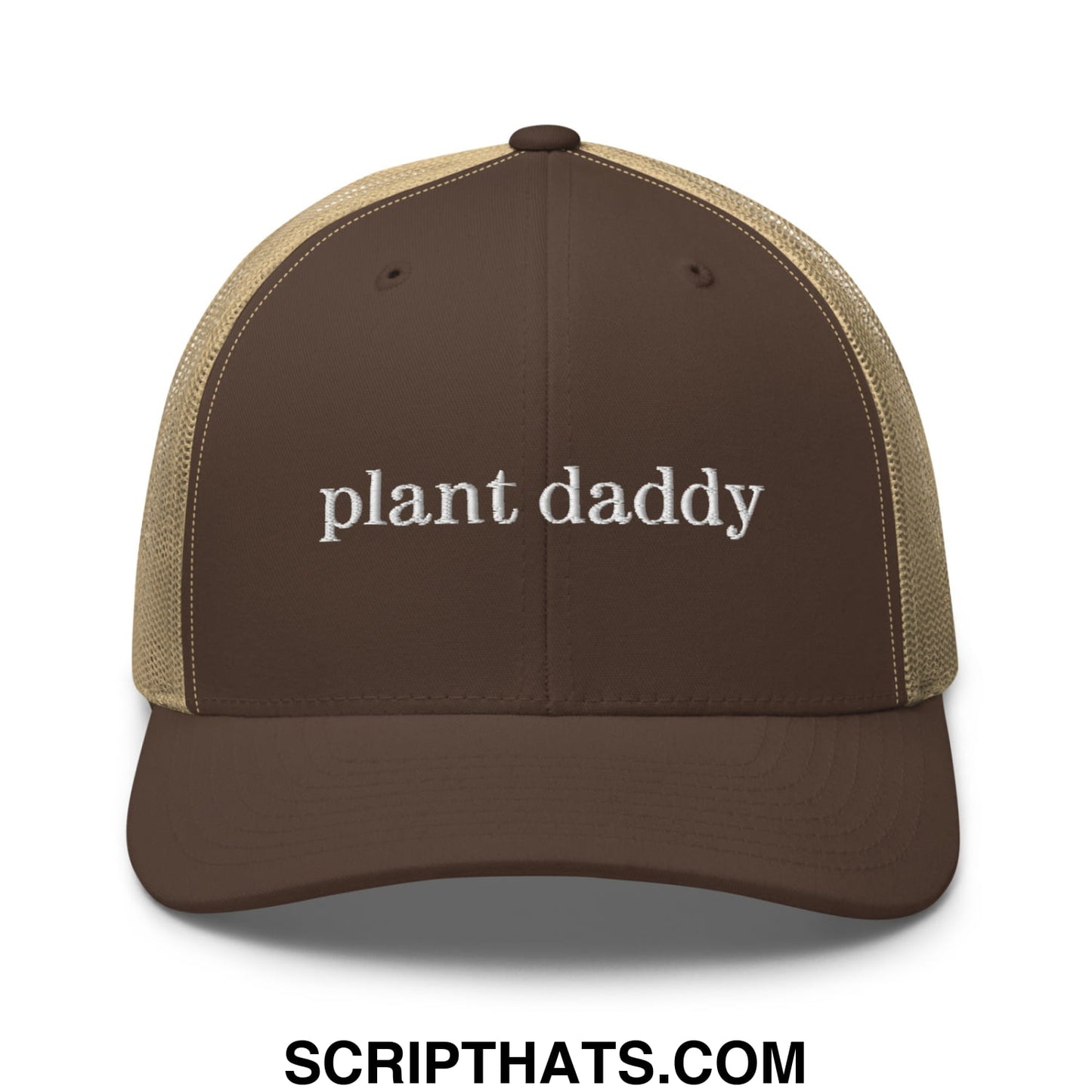Brown and tan mesh trucker hat with plant daddy embroidered in white script on the front panel