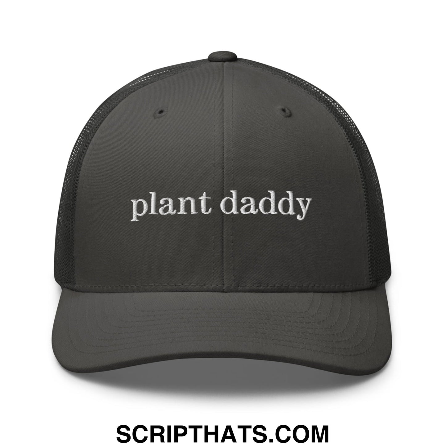 Dark gray mesh trucker hat with white embroidered plant daddy text across the front for casual wear