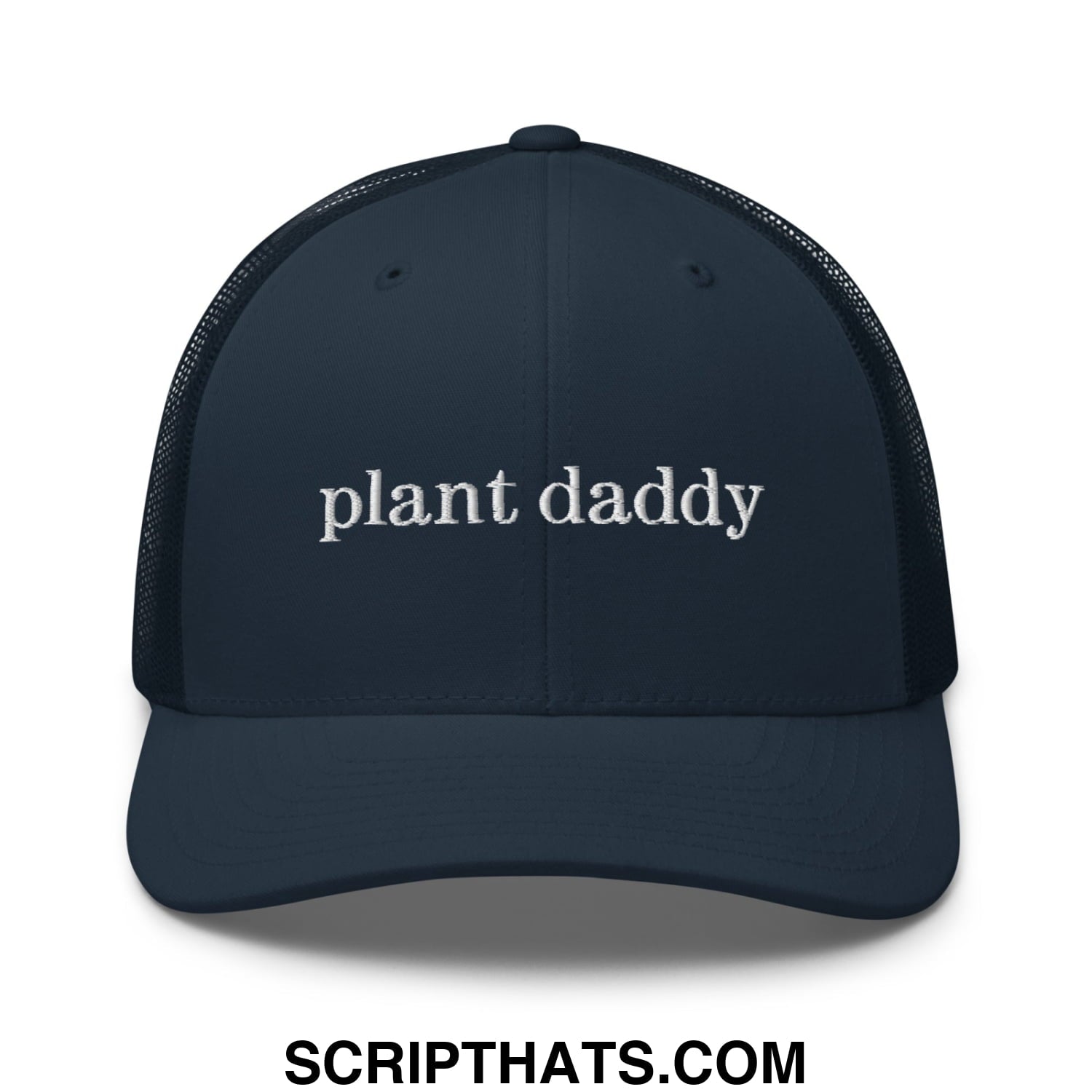 Dark navy mesh trucker hat with white embroidered plant daddy text on front panel for casual wear