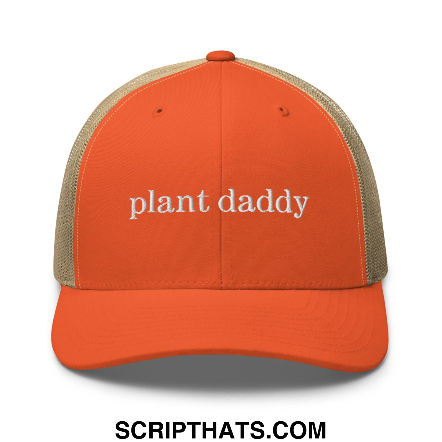 Orange and beige mesh trucker hat with plant daddy embroidered in white for casual plant lovers