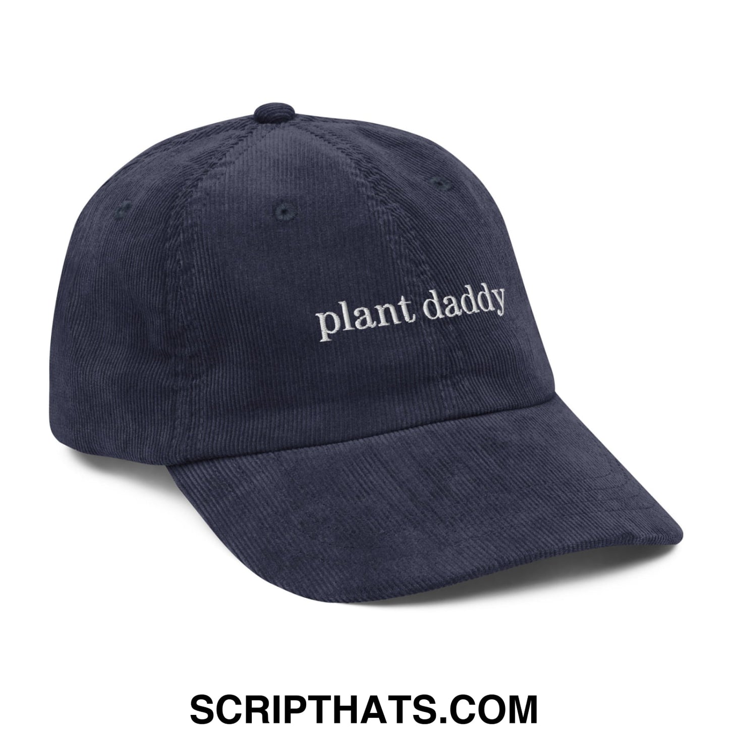 Navy blue corduroy plant daddy embroidered unstructured dad hat with white text for casual wear