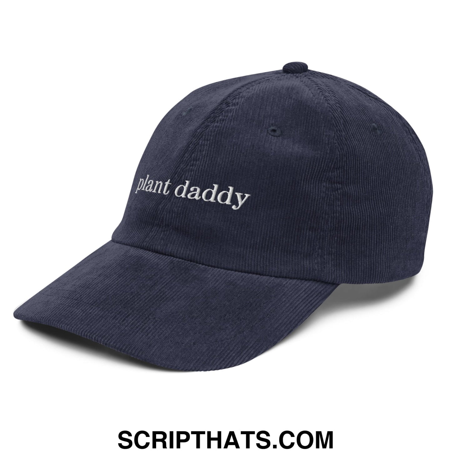 Navy blue unstructured corduroy dad hat with plant daddy embroidered in white thread