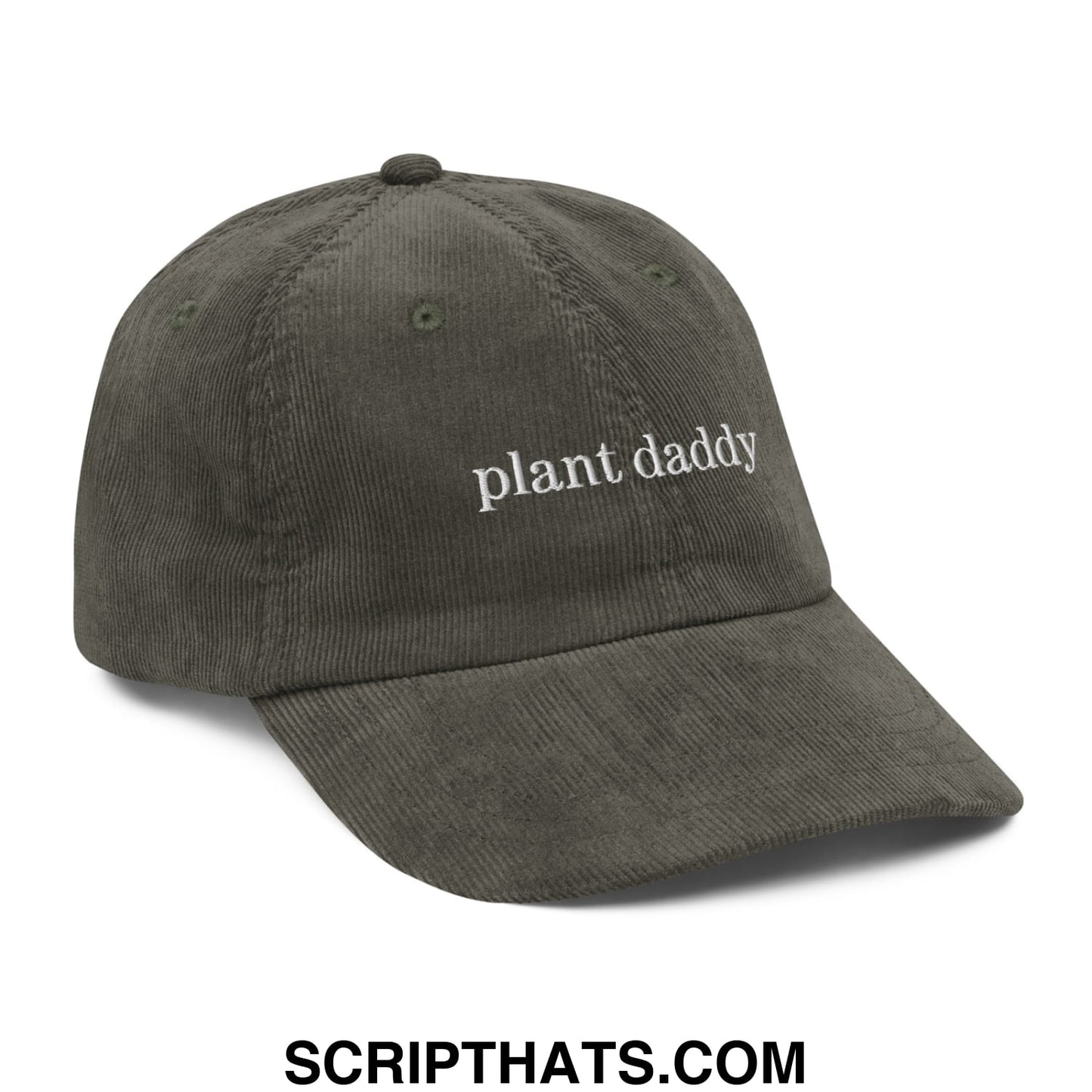 Olive green corduroy unstructured dad hat with plant daddy embroidered in white thread for casual wear