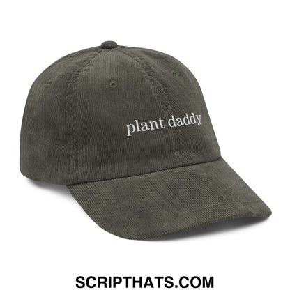Olive green corduroy unstructured dad hat with plant daddy embroidered in white thread for casual wear