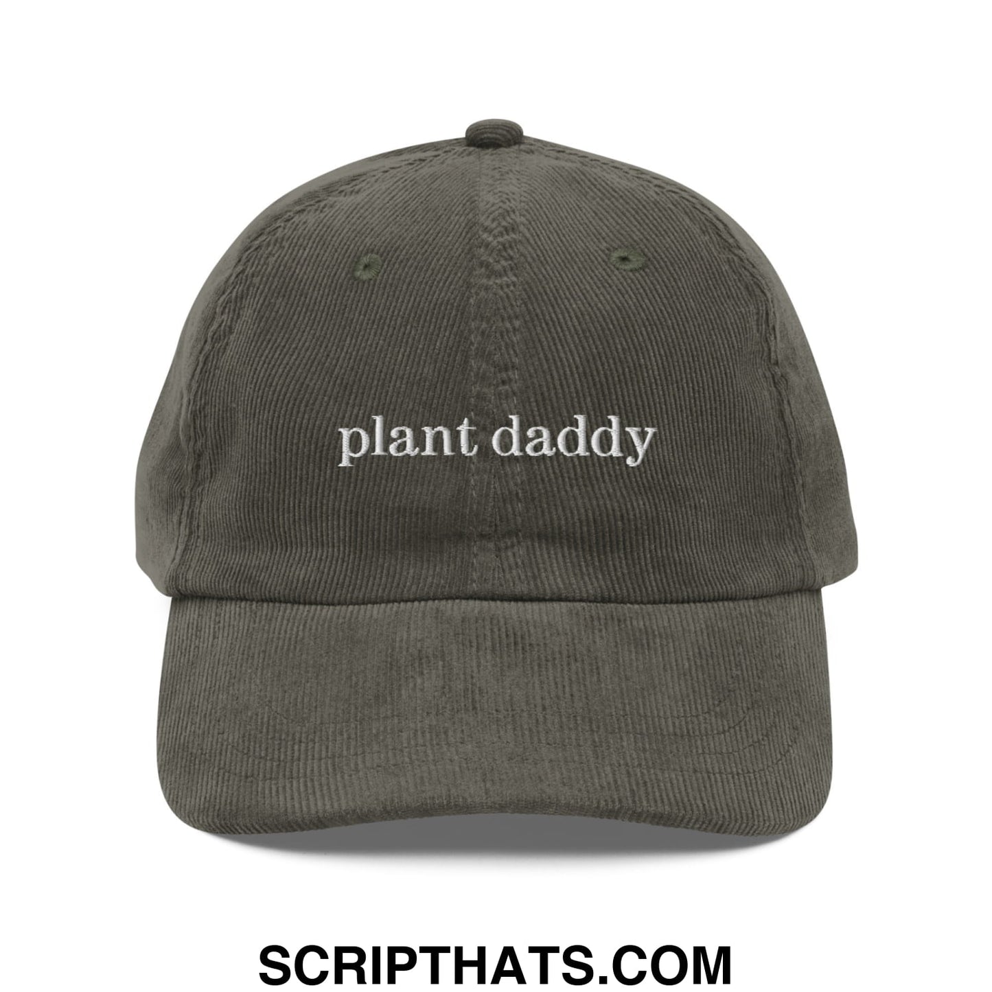 Olive green corduroy dad hat with white embroidered plant daddy text unstructured casual baseball cap