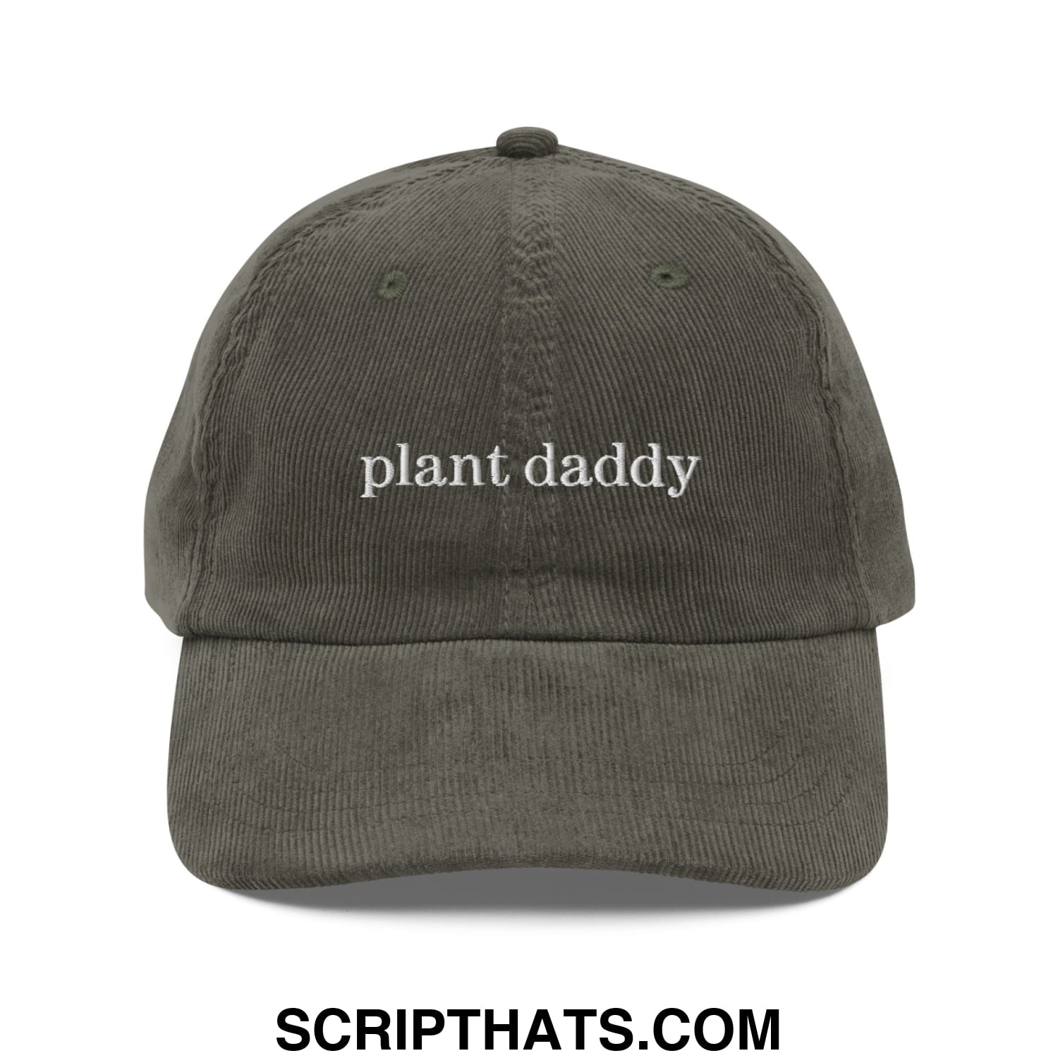 Olive green corduroy dad hat with white embroidered plant daddy text unstructured casual baseball cap