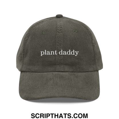 Olive green corduroy dad hat with white embroidered plant daddy text unstructured casual baseball cap