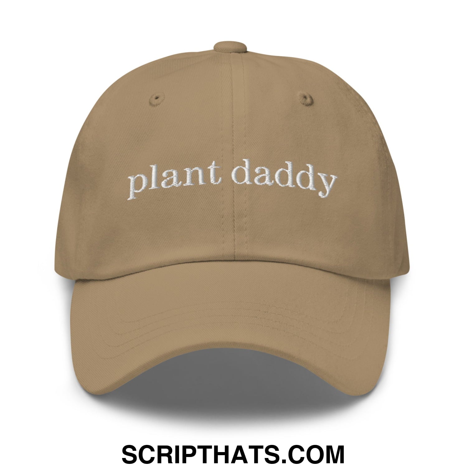 Tan unstructured dad hat with white embroidered plant daddy text perfect for casual outdoor wear