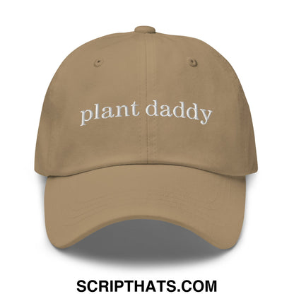 Tan unstructured dad hat with white embroidered plant daddy text perfect for casual outdoor wear