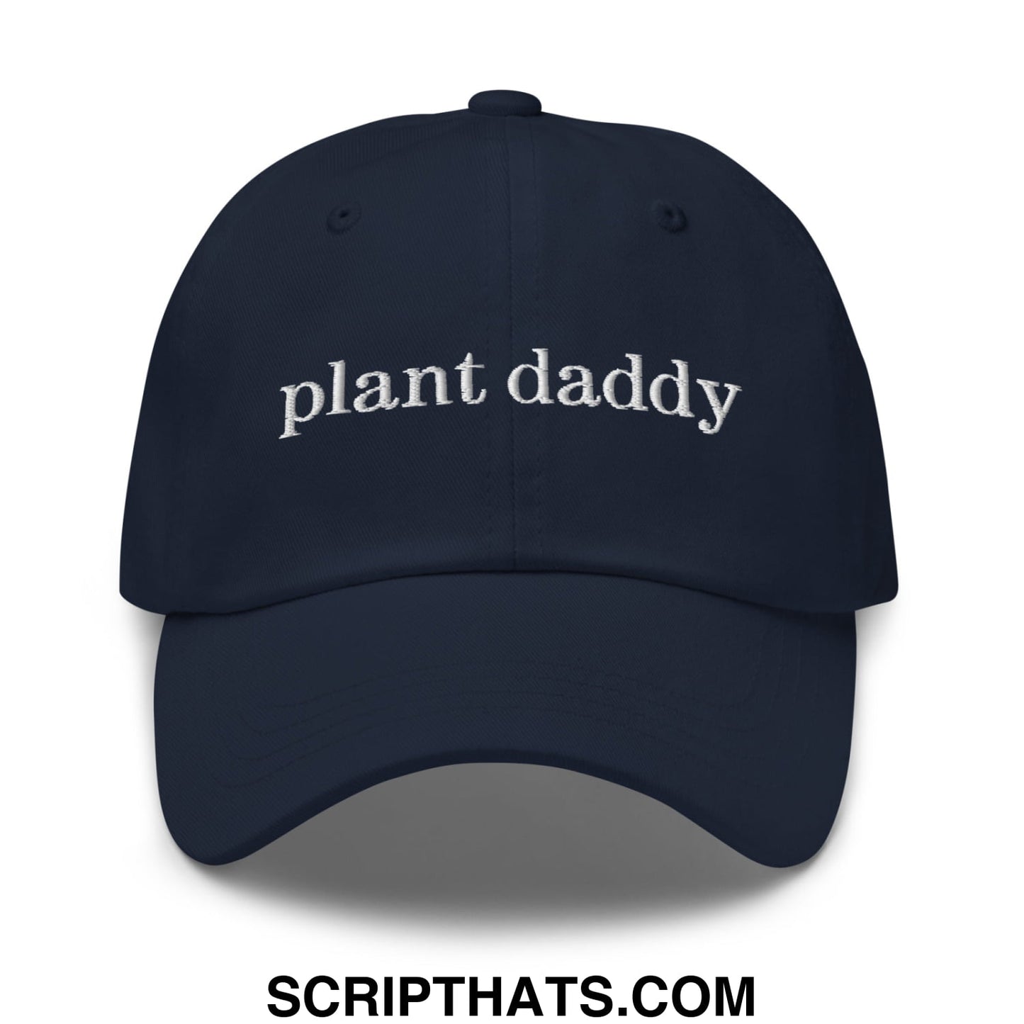 Navy blue unstructured dad hat with white embroidered plant daddy text ideal for casual outdoor wear