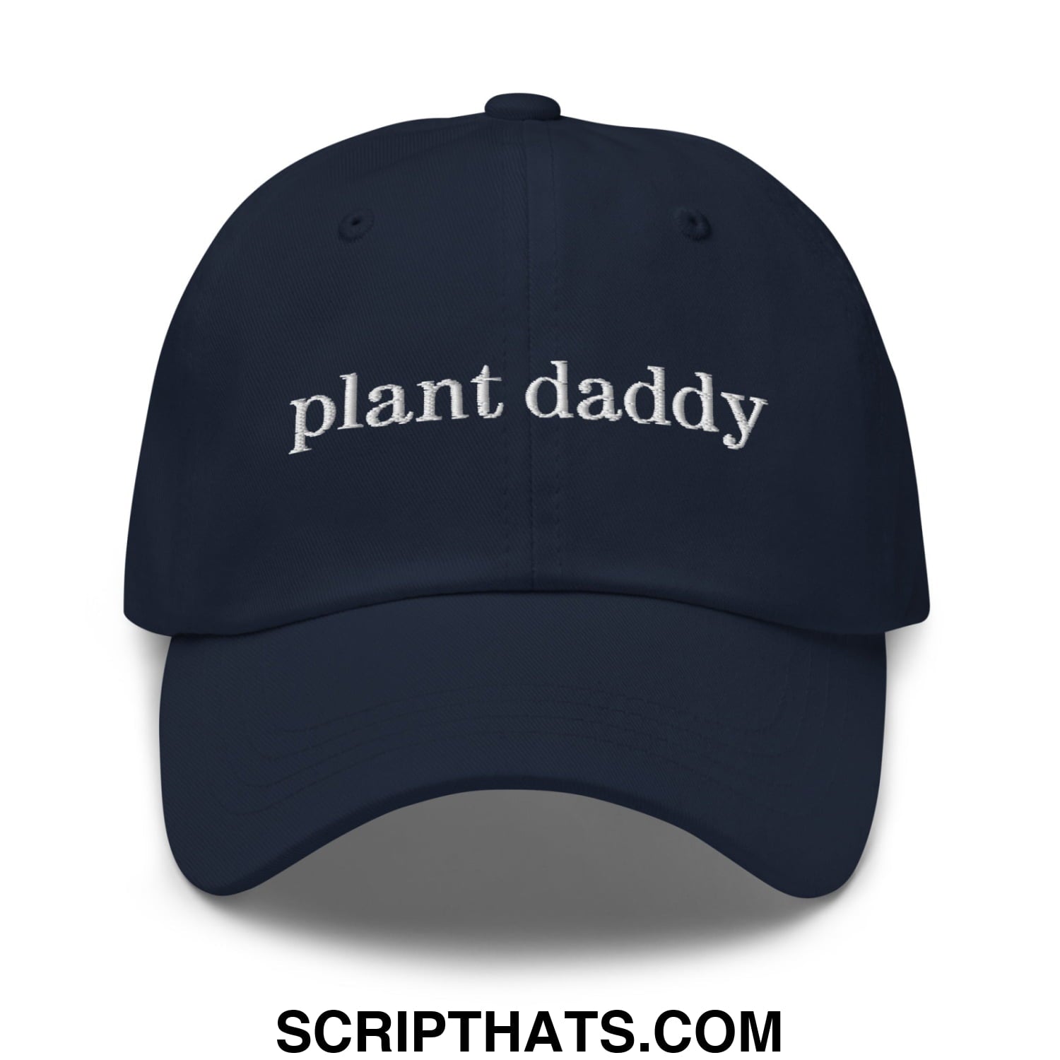 Navy blue unstructured dad hat with white embroidered plant daddy text ideal for casual outdoor wear