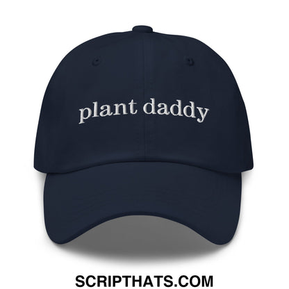 Navy blue unstructured dad hat with white embroidered plant daddy text ideal for casual outdoor wear