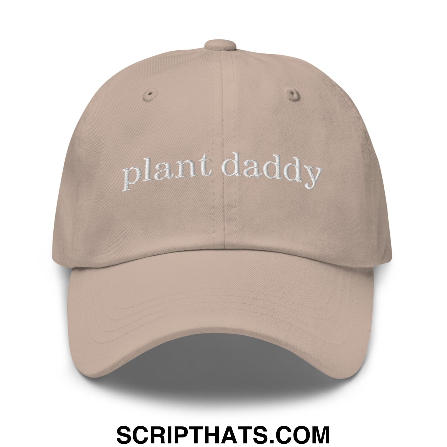 Beige unstructured dad hat with plant daddy embroidered in white thread ideal for casual wear and plant lovers