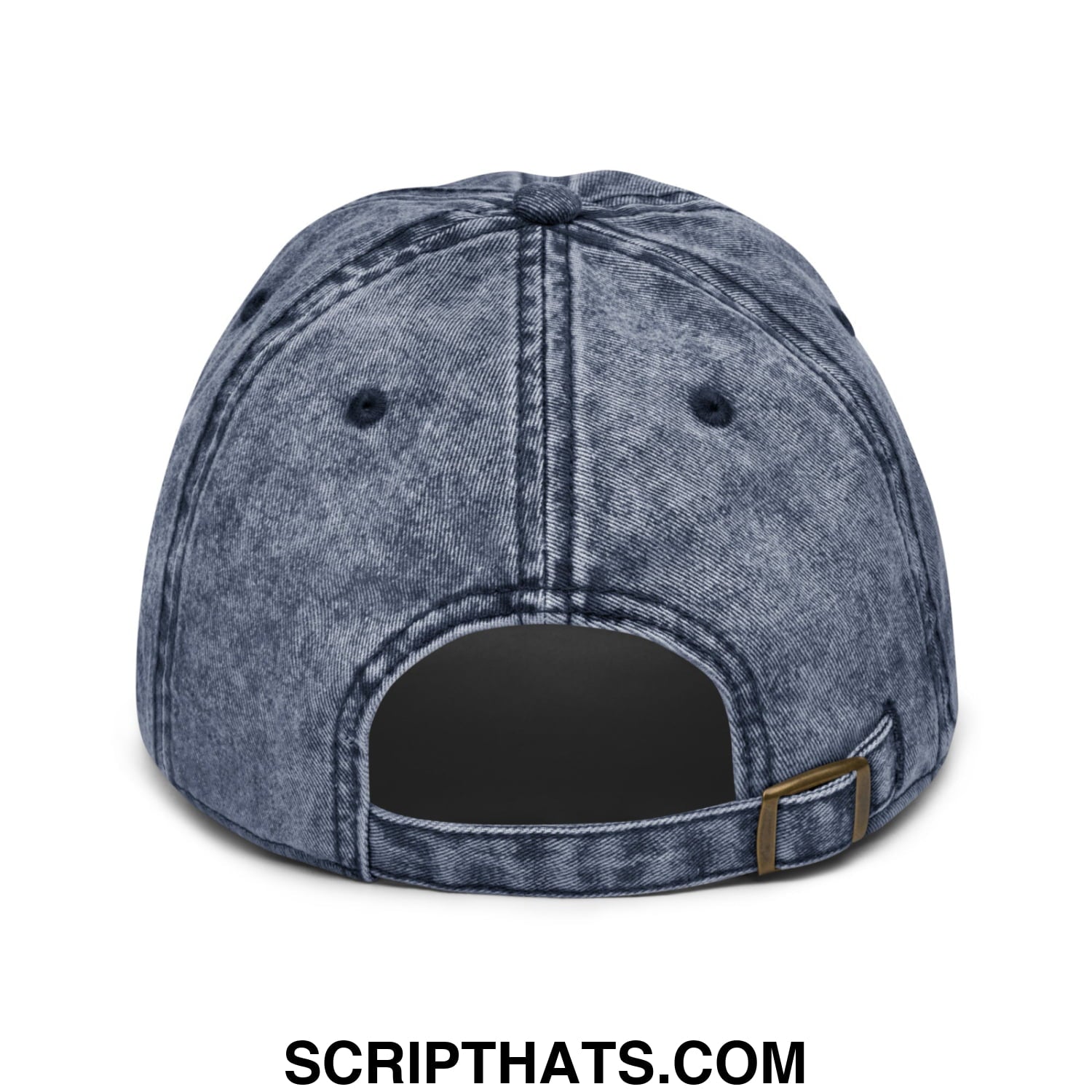 Back view of plant daddy embroidered unstructured denim dad hat in faded blue with stitched panel and brass buckle