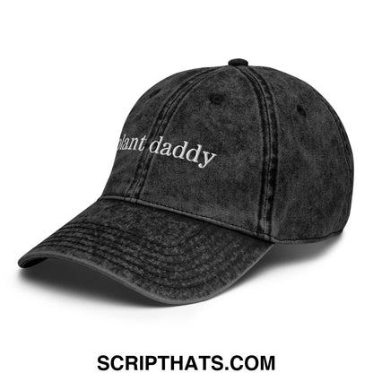Black distressed denim dad hat with white embroidered plant daddy text in an unstructured design