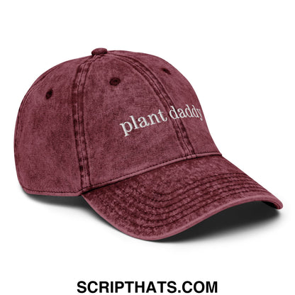 Maroon distressed denim dad hat with white embroidered plant daddy text unstructured casual baseball cap