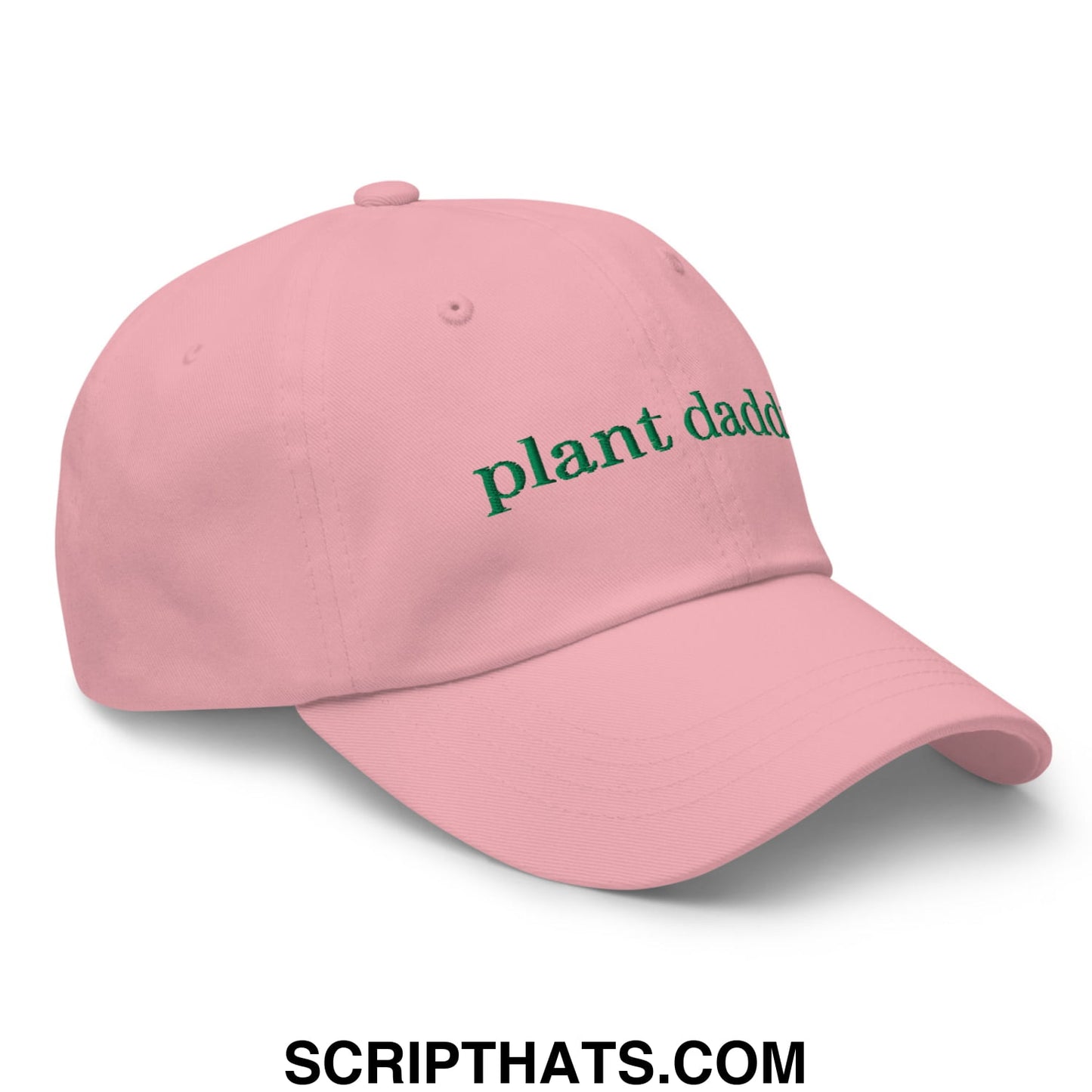 Pink unstructured dad hat with green embroidered plant daddy text perfect for casual outdoor wear