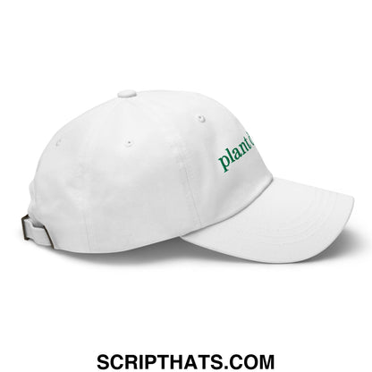 White unstructured dad hat with green embroidered plant text on the side for casual outdoor wear