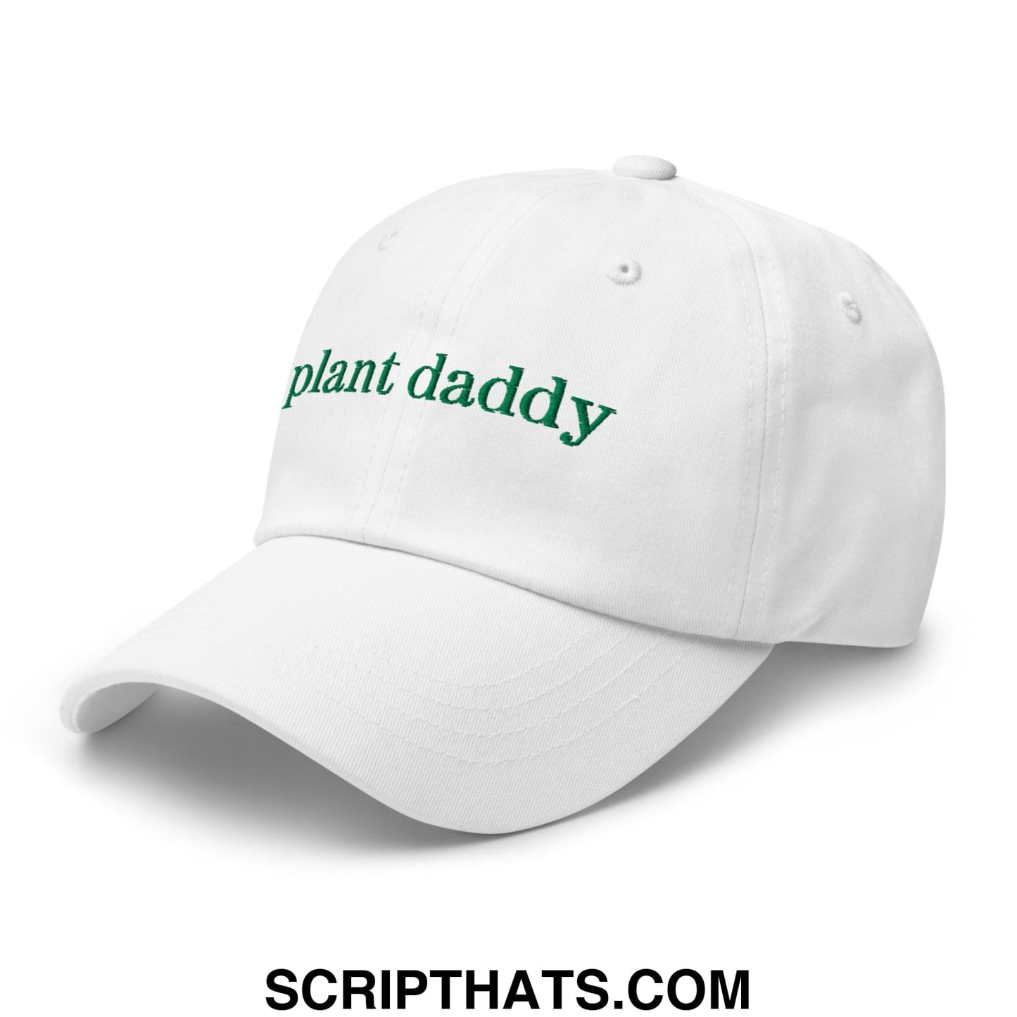 White unstructured dad hat with plant daddy embroidered in green script for casual wear