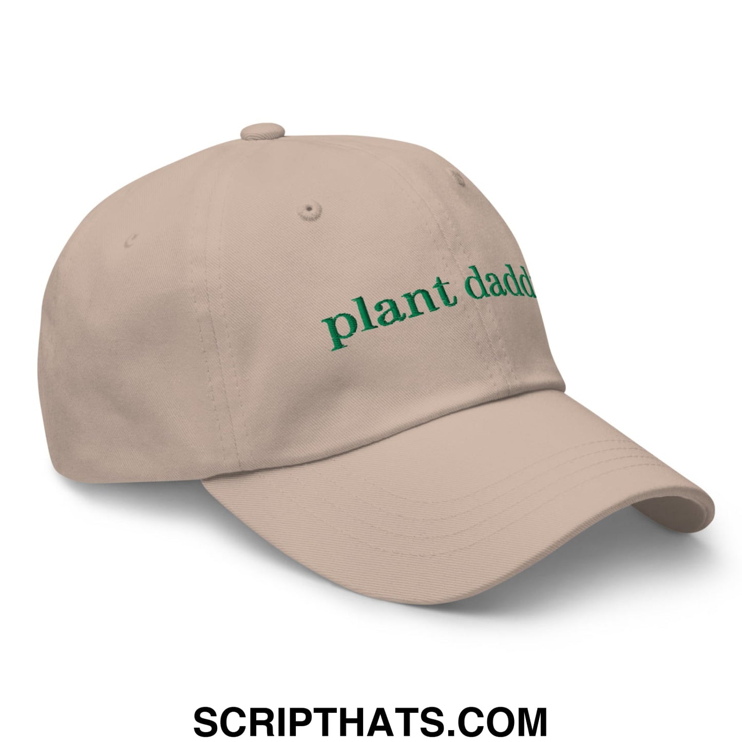 Beige unstructured dad hat with green embroidered plant daddy text for casual outdoor wear