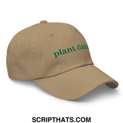 Beige unstructured dad hat with green embroidered plant dad text perfect for plant daddy enthusiasts