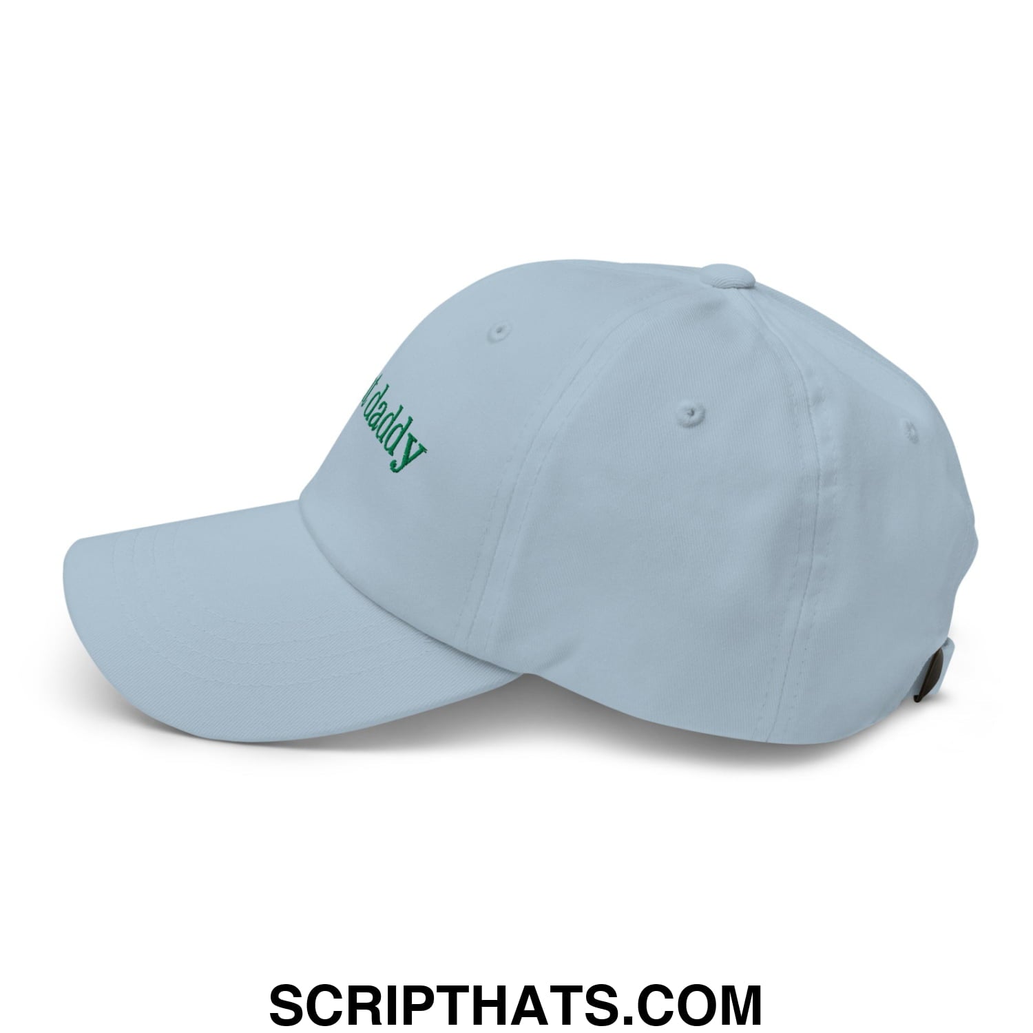 Light blue unstructured dad hat with green embroidered daddy text in plant daddy green embroidered design