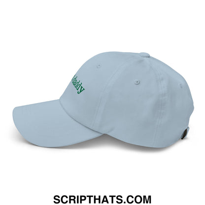 Light blue unstructured dad hat with green embroidered daddy text in plant daddy green embroidered design