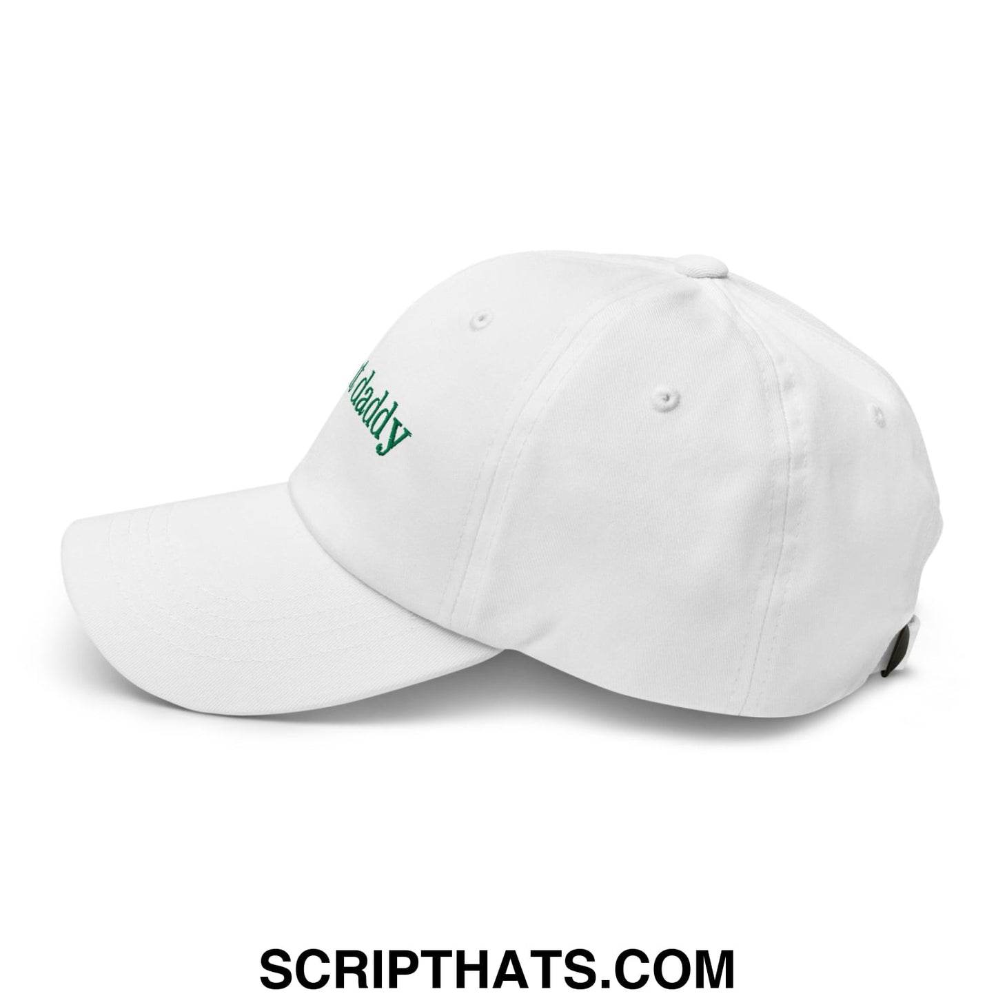 White unstructured dad hat with green embroidered daddy text perfect for plant daddy fans