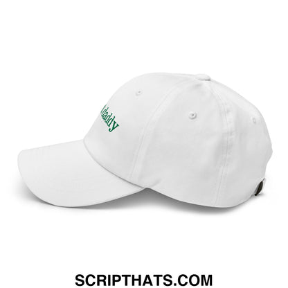 White unstructured dad hat with green embroidered daddy text perfect for plant daddy fans