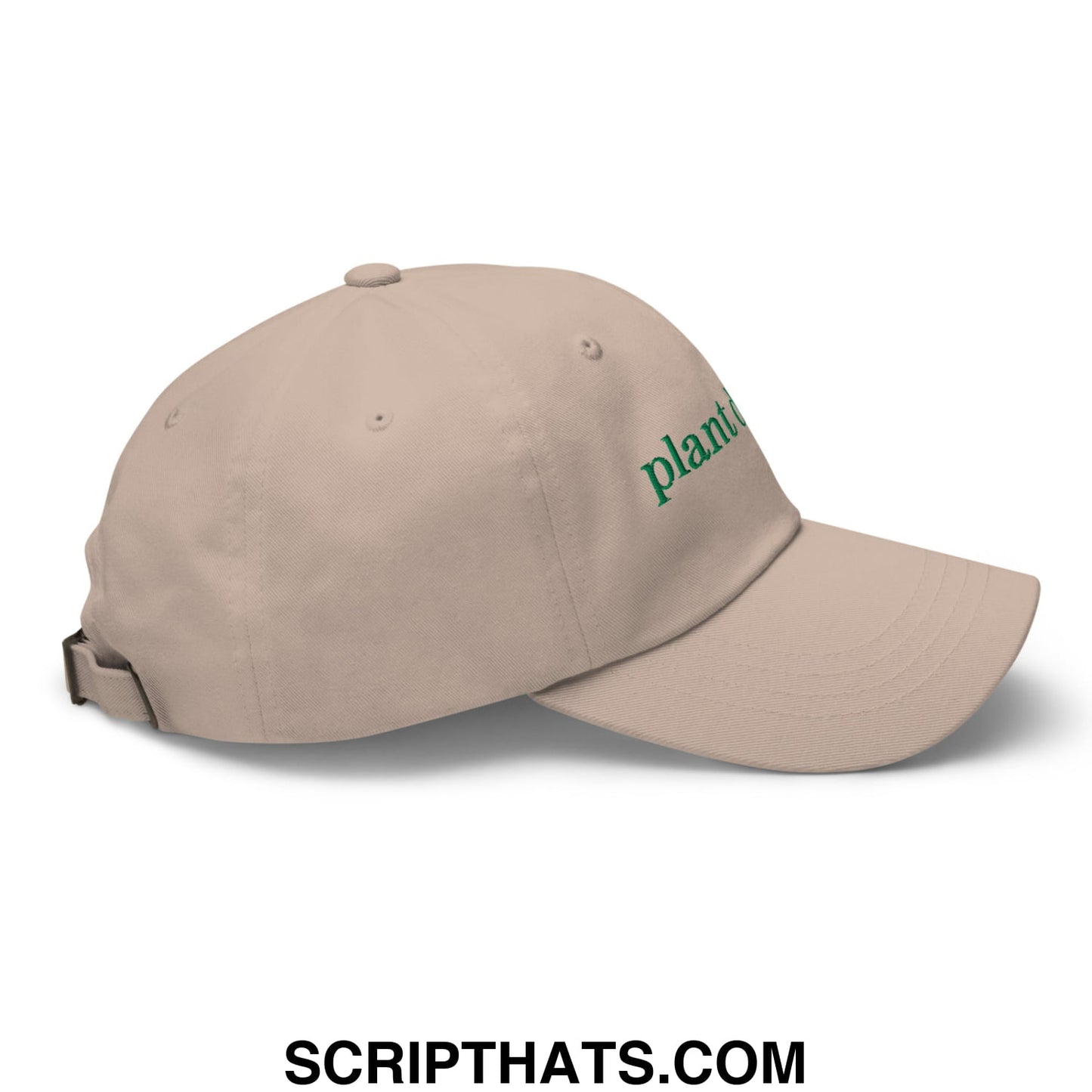 Beige unstructured dad hat with green embroidered plant daddy text perfect for casual outdoor wear