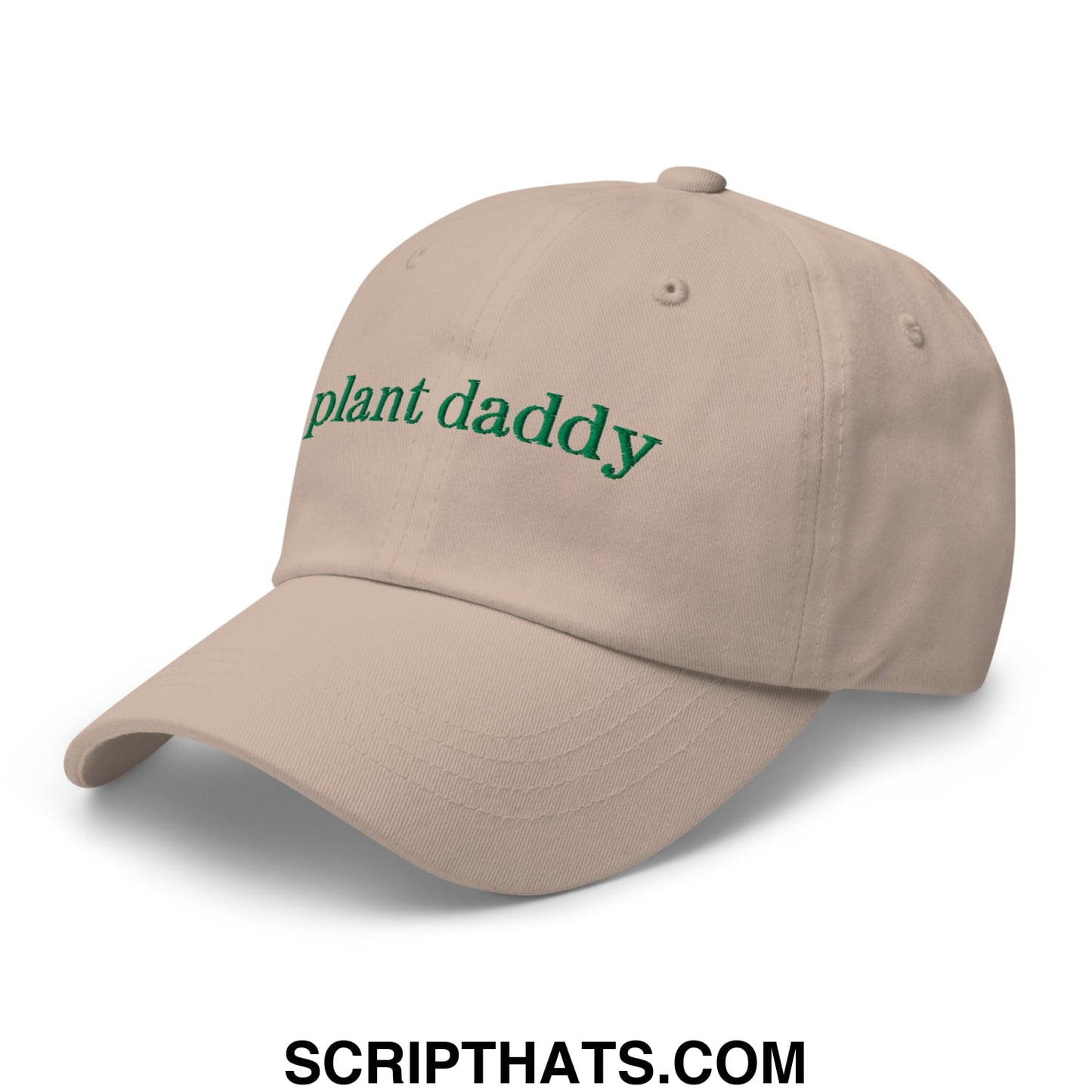 Beige unstructured dad hat with green embroidered plant daddy text perfect for casual outdoor wear