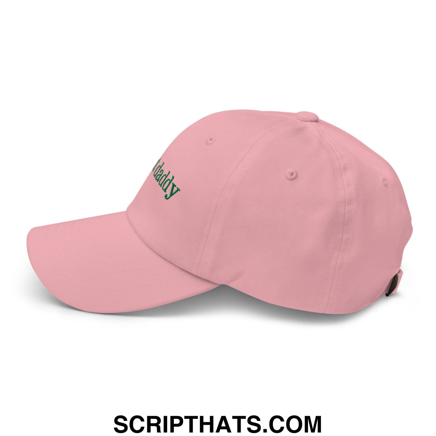 A soft pink unstructured dad hat with green daddy embroidery called plant daddy green embroidered dad hat