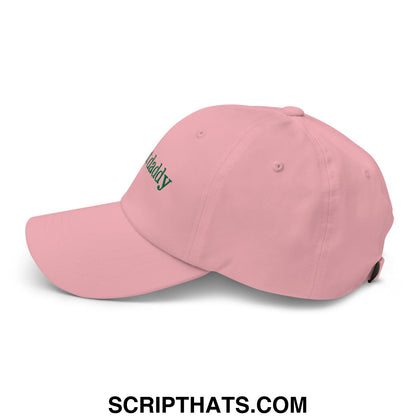 A soft pink unstructured dad hat with green daddy embroidery called plant daddy green embroidered dad hat