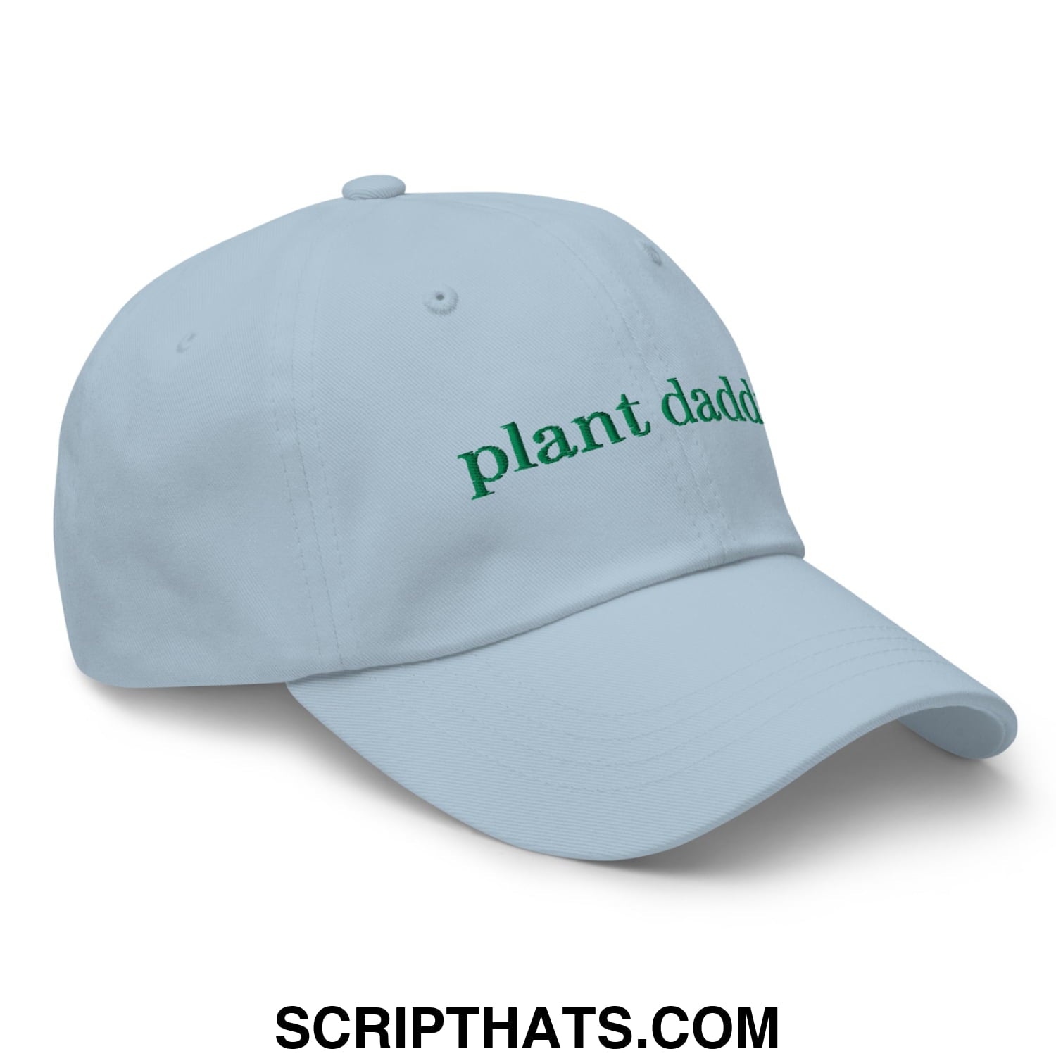 Light blue unstructured dad hat with green embroidered plant daddy text perfect for casual wear